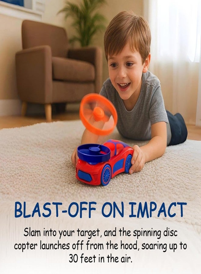 Spinz 2 Pack Race Cars with Flying Disc Launchers, Pull Back Bumper Toy Racer, Kids, Boys, Girls Gift, Blue/Orange & Blue/Green Ages 3+ - Image 4